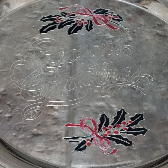 International Silver Plated Seasons Greetings Metal Serving Platter Holly Berrie - Picture 7 of 14